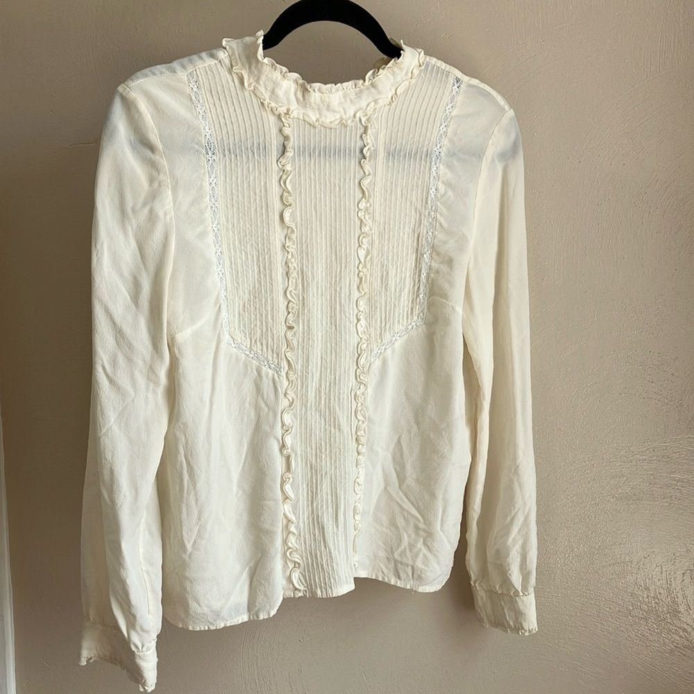 Sezane Cream Ruffled Bib Collar Blouse
